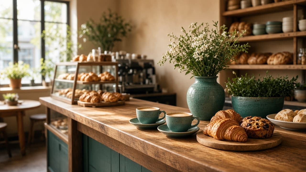 Comptoir d’une boulangerie avec cafés et viennoiseries